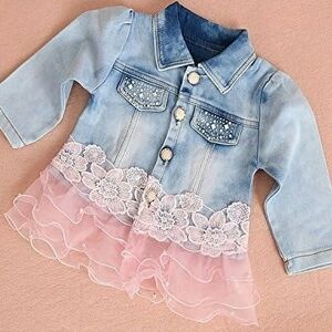 Baby Denim Pageant Jacket Pink Floral Lace Pearl Rhinestone Trim 6 9 12 Mo